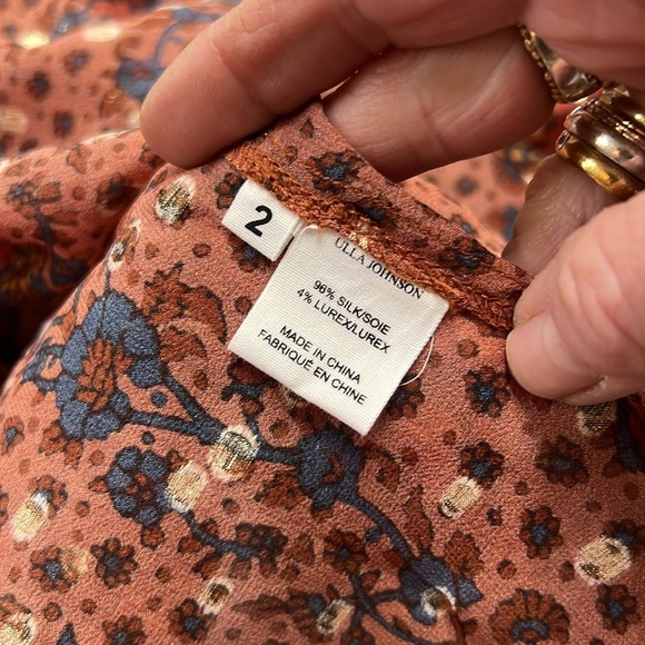 Ulla Johnson Calista Sheer Silk Blouse in Rust Gold and Navy Size 2 - Picture 13 of 14
